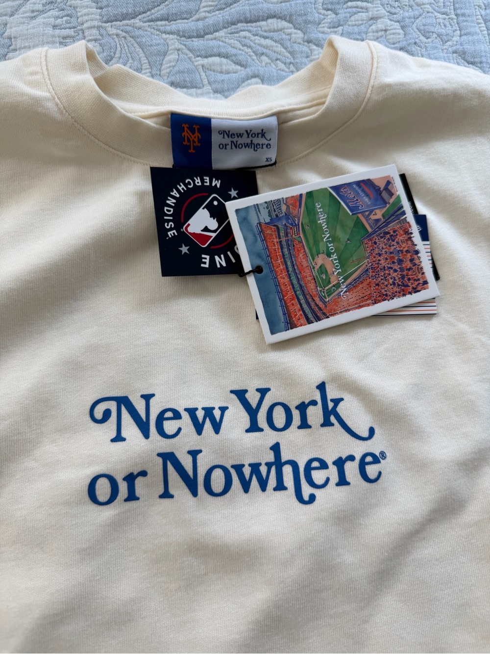 New York or Nowhere Cream Short Sleeve Tee with Blue Logo
